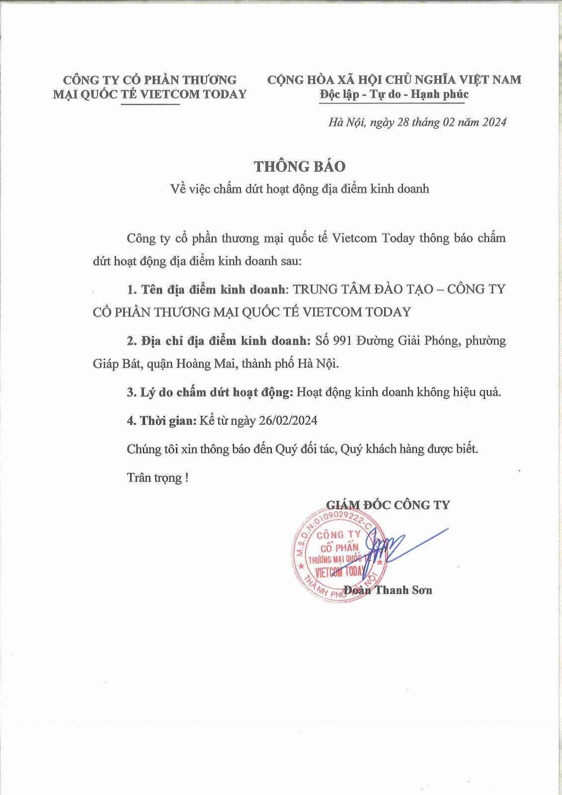 THÔNG BÁO CHẤM DỨT ĐỊA ĐIỂM KINH DOANH